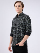 Men's Black Cotton Blended Printed Slim Fit Full Sleeves Casual Shirt