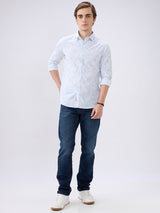 Men's White Cotton Blend Printed Slim Fit Full Sleeves Casual Shirt