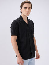 Men's Black Cotton Blend Solid Slim Fit Half Sleeves Casual Shirt