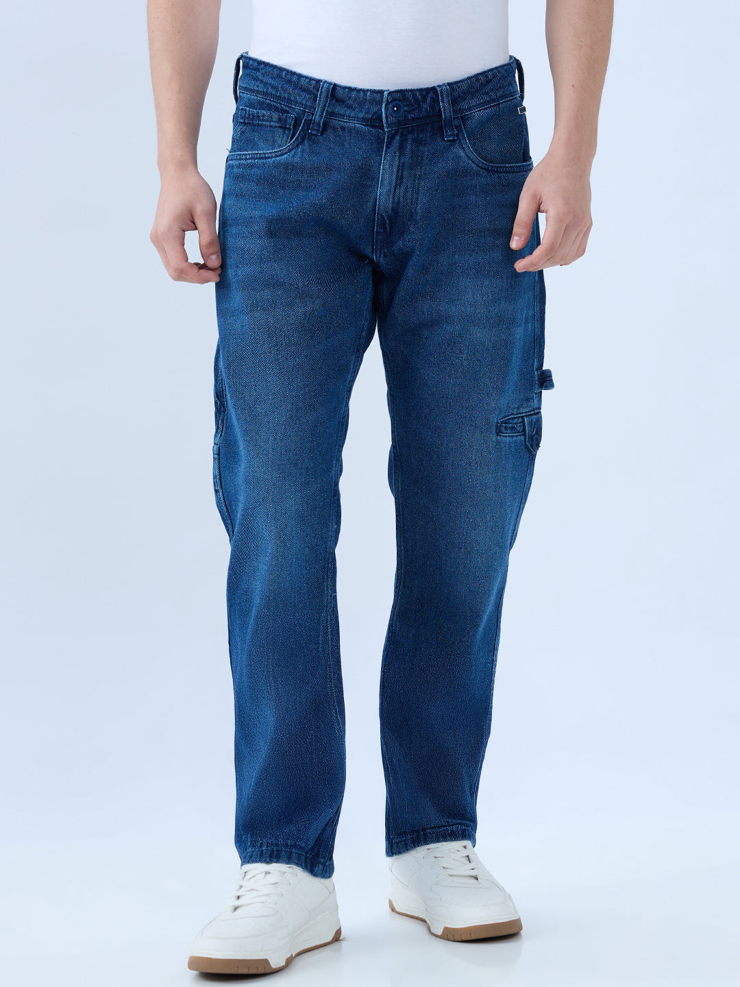 Men's Blue Mid-Rise Straight Fit Cotton Blend Casual Jeans