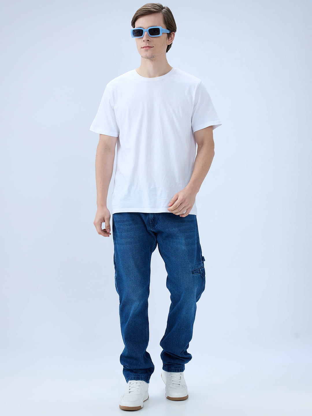 Men's Blue Mid-Rise Straight Fit Cotton Blend Casual Jeans