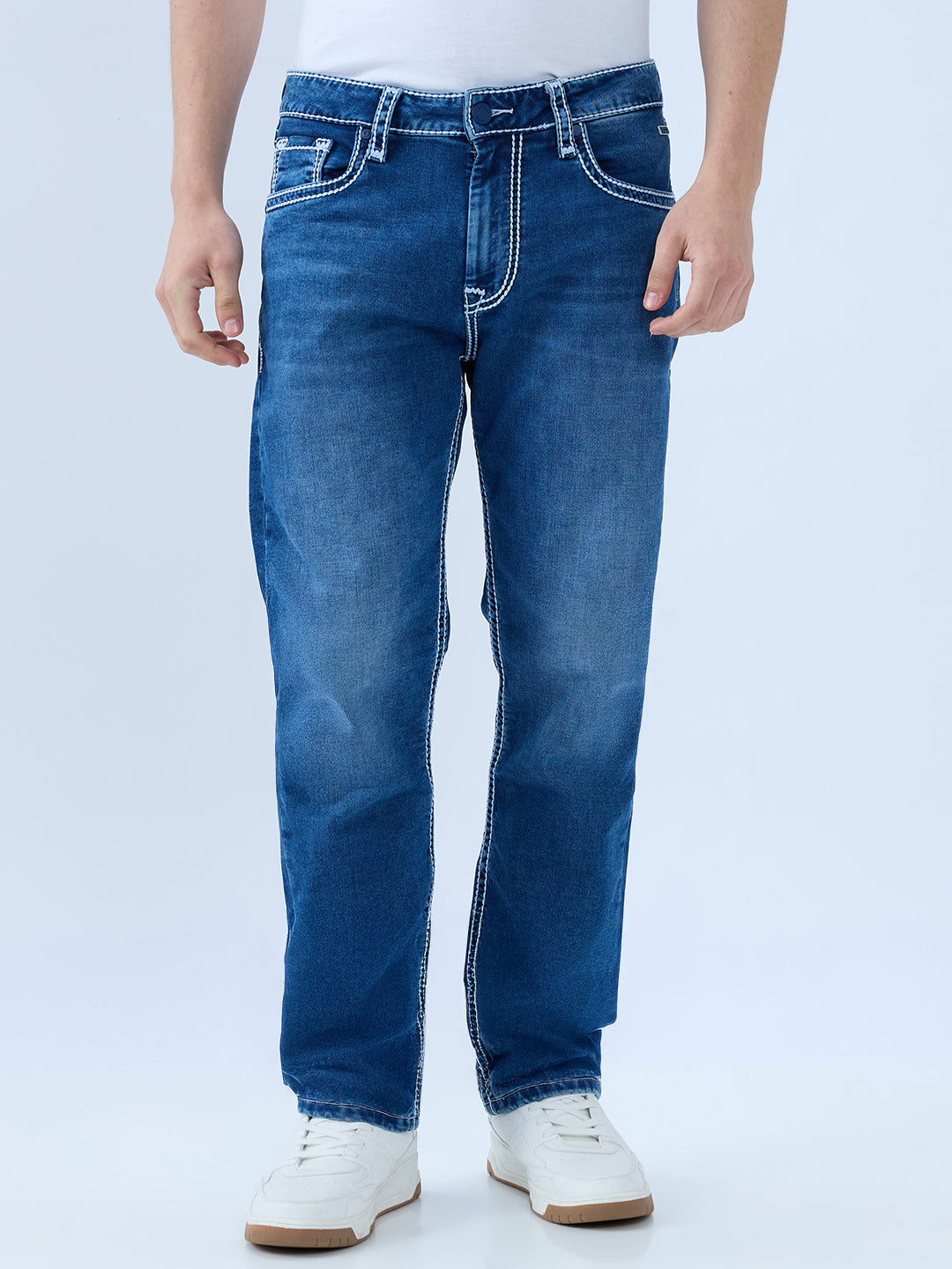 Men's Blue Mid-Rise Straight Fit Cotton Blend Casual Jeans