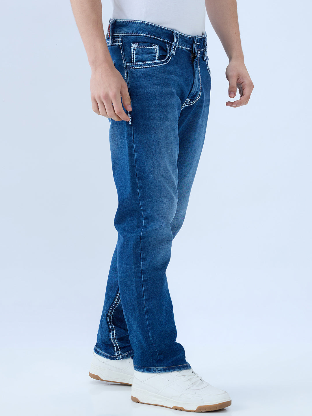 Men's Blue Mid-Rise Straight Fit Cotton Blend Casual Jeans