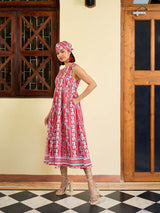 Women's Red Casual Floral Round Neck Sleeveless Midi Dress