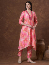 Women's Pink Abstract Floral Printed & Embroidered A-Line Co-ord Set