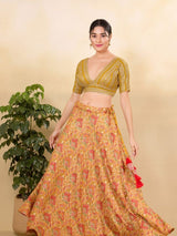 Women's Yellow Jain Silk Padded Back Open Elbow Sleeves Saree Blouse