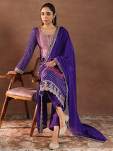 Women's Purple Bandhani Printed Straight Kurta With Trouser and Chiffon Dupatta
