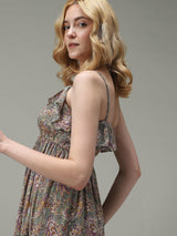 Women's Green Casual Fit & Flare Printed Dress