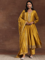 Women's Mustard Zari Embroidered Floral a-line Kurta With Palazzo and Dupatta