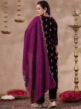 Women's Ethnic Velvet Purple Straight Kurta Set with Dupatta