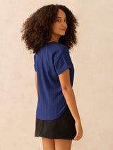 Women's Blue Extended Shoulder Top with Front Zipper Detail