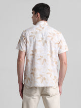 Men's White Casual Half Sleeves Leaf Printed Shirt