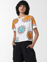 Women's White Knitted Casual Printed Cropped Half Sleeves Tshirt