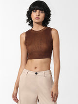 Women's Brown Knitted Casual Solid Cropped Sleeveless Top