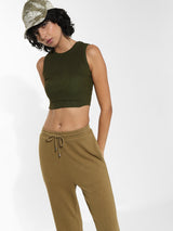 Women's Green Knitted Casual Solid Cropped Sleeveless Top