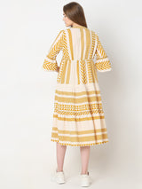 Women's Beige Printed Cotton Midi Dress