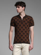 Men's Brown Casual Slim Fit Printed Half Sleeves Polo Tshirt