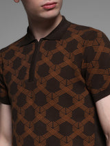 Men's Brown Casual Slim Fit Printed Half Sleeves Polo Tshirt