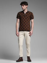 Men's Brown Casual Slim Fit Printed Half Sleeves Polo Tshirt