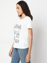 Women's White Graphic Print Cotton T-Shirt