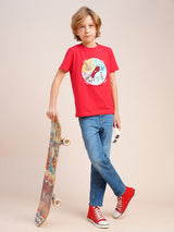 Boys Red Printed Regular Fit Casual Tshirt