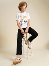 Boys White Printed Regular Fit Casual Tshirt