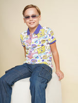 Boys White Printed Casual Polo Tshirt