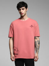 Men's Pink Casual Oversized Fit Printed Half Sleeves Tshirt
