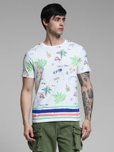 Men's White Casual Regular Fit Printed Half Sleeves Tshirt