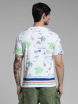 Men's White Casual Regular Fit Printed Half Sleeves Tshirt