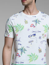 Men's White Casual Regular Fit Printed Half Sleeves Tshirt