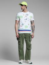 Men's White Casual Regular Fit Printed Half Sleeves Tshirt