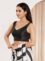 Women's Black Mulbury Silk Padded Back Open Sleeveless Saree Blouse