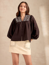 Women's Brown Casual Geometric Full Sleeves Top