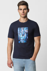 Men's Navy Casual Slim Fit Printed Half Sleeves Tshirt
