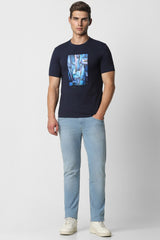 Men's Navy Casual Slim Fit Printed Half Sleeves Tshirt
