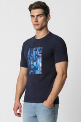 Men's Navy Casual Slim Fit Printed Half Sleeves Tshirt