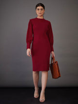 Women's Red Puff Sleeves Bodycon Midi Dress