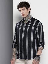 Men's Black Casual Regular Fit Striped Full Sleeves Shirt