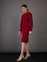 Women's Red Puff Sleeves Bodycon Midi Dress