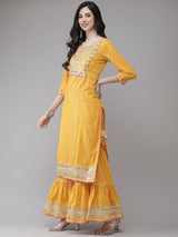 Women's Mustard Yellow Embroidered Regular Gotta Patti Kurta with Sharara with Dupatta