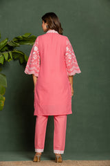 Women's Pink Casual Regular Fit Embroidered Three Quarter Sleeves Co-Ord Sets