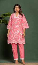 Women's Pink Casual Regular Fit Embroidered Three Quarter Sleeves Co-Ord Sets
