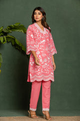 Women's Pink Casual Regular Fit Embroidered Three Quarter Sleeves Co-Ord Sets