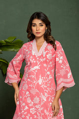 Women's Pink Casual Regular Fit Embroidered Three Quarter Sleeves Co-Ord Sets