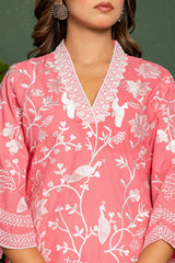 Women's Pink Casual Regular Fit Embroidered Three Quarter Sleeves Co-Ord Sets