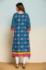 Women's Blue Fusion Regular Fit Printed Three Quarter Sleeves Kurta