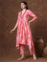Women's Pink Abstract Floral Printed & Embroidered A-Line Co-ord Set