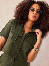 Women's Olive Crop Shirt and Wide Leg Pant Coord Set