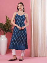 Women's Blue Floral Jaipuri Print Strappy A-Line Kurta